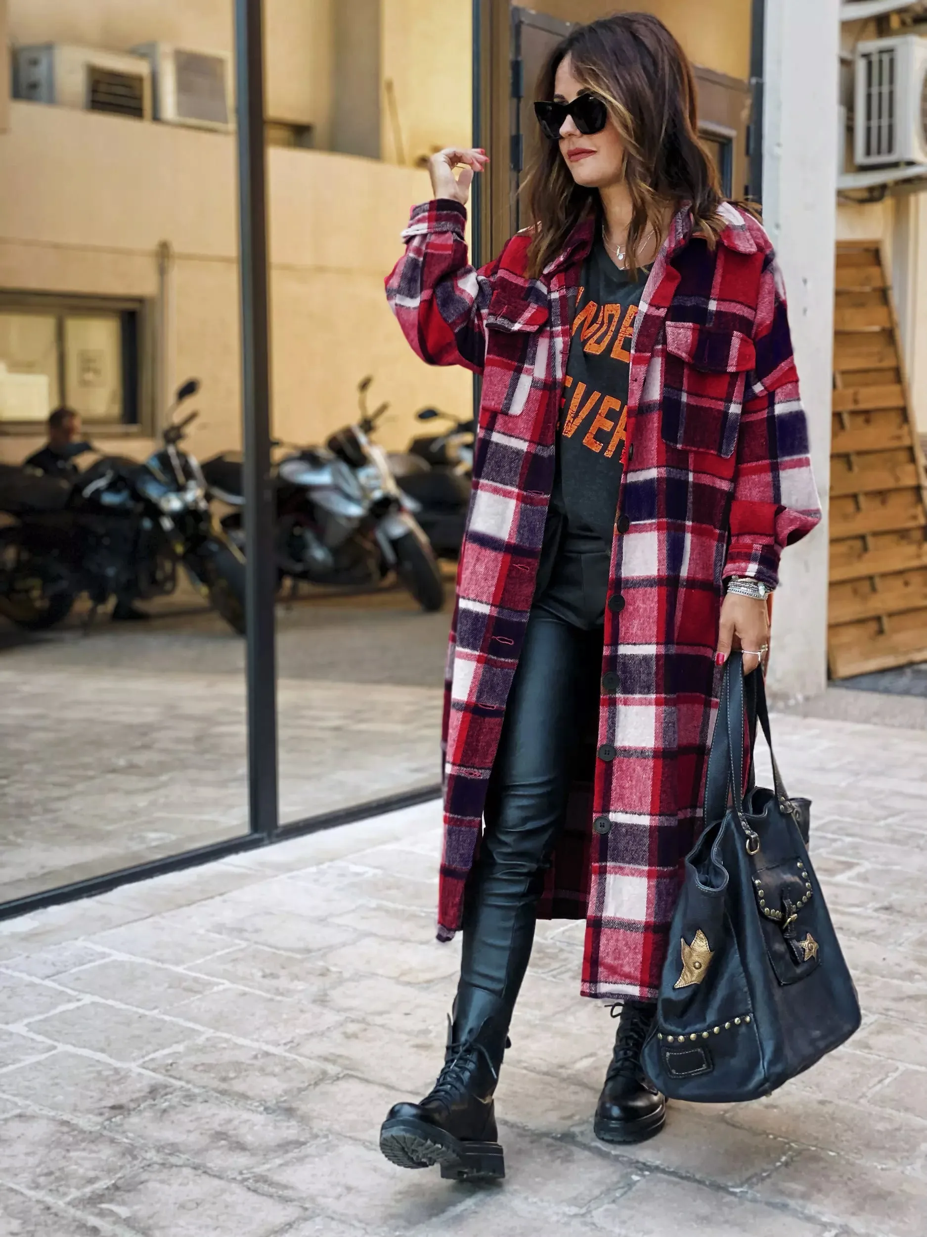 Autumn Winter Long Windbreaker Side Slit Collared Slim Fit Women Woolen Plaid Coat