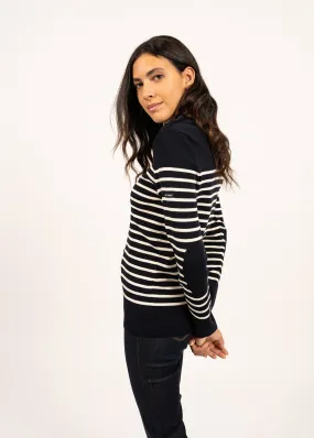 BREGANCON - Breton Striped Sweater with Jacquard Elbow Patch for Women (NAVY / IVORY)