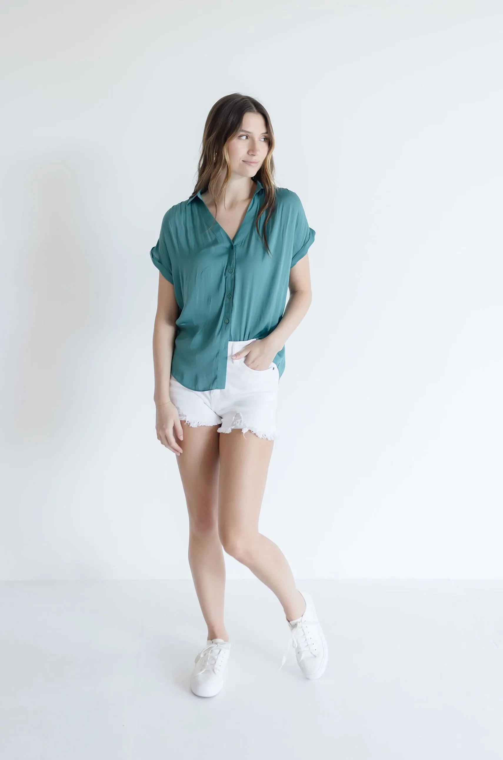 Callie Short Sleeve Button Down Top Teal