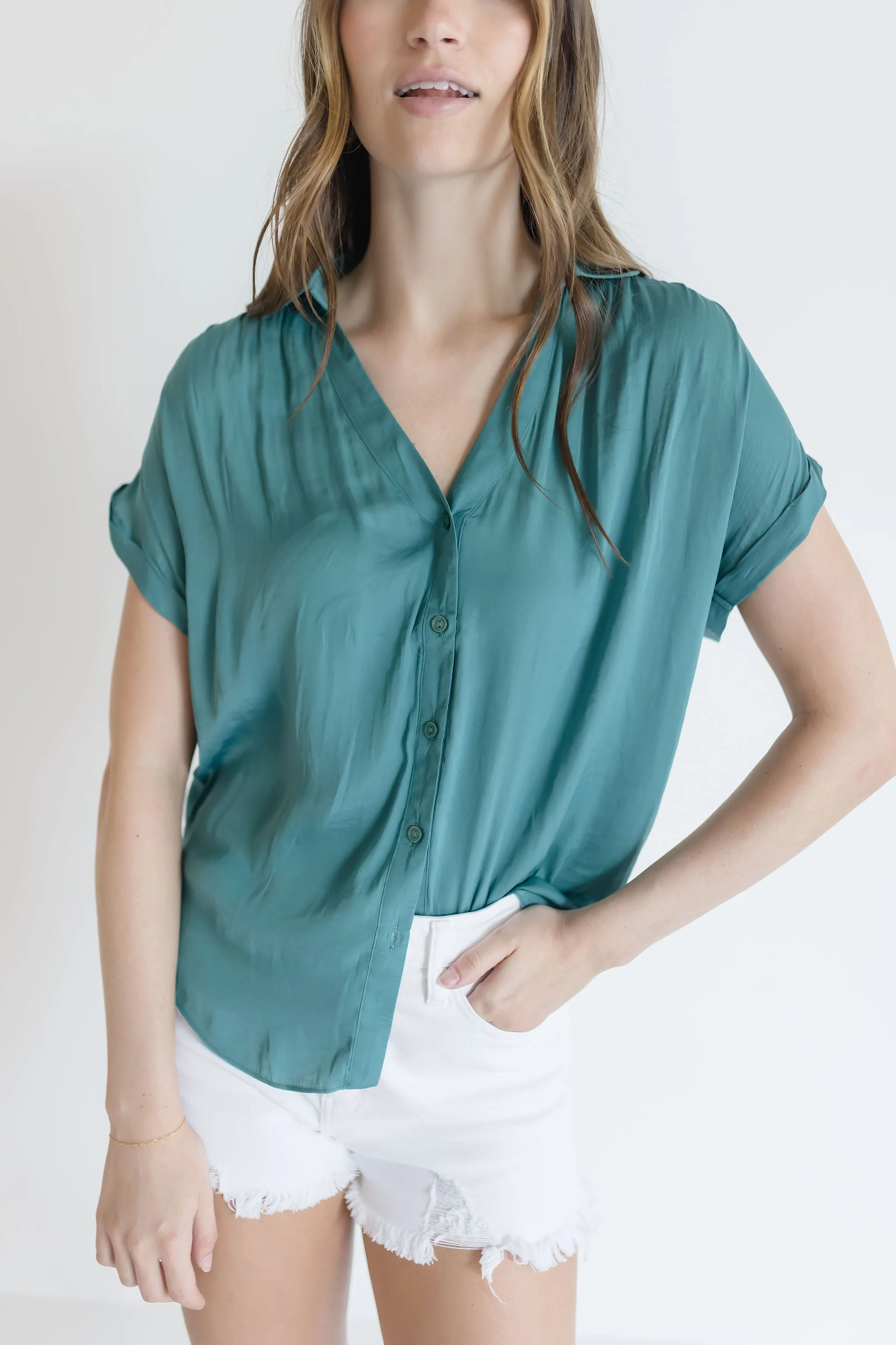 Callie Short Sleeve Button Down Top Teal