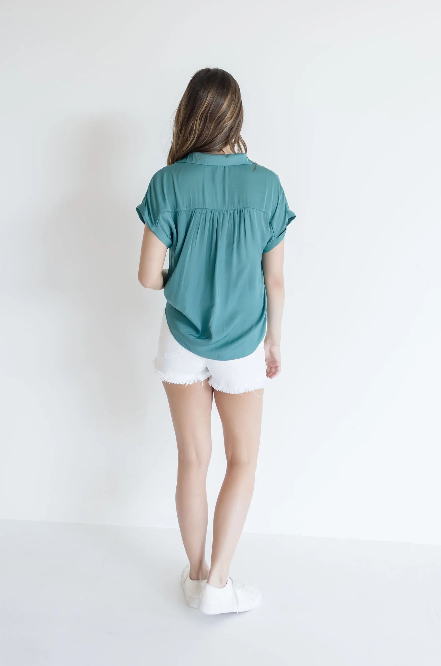 Callie Short Sleeve Button Down Top Teal