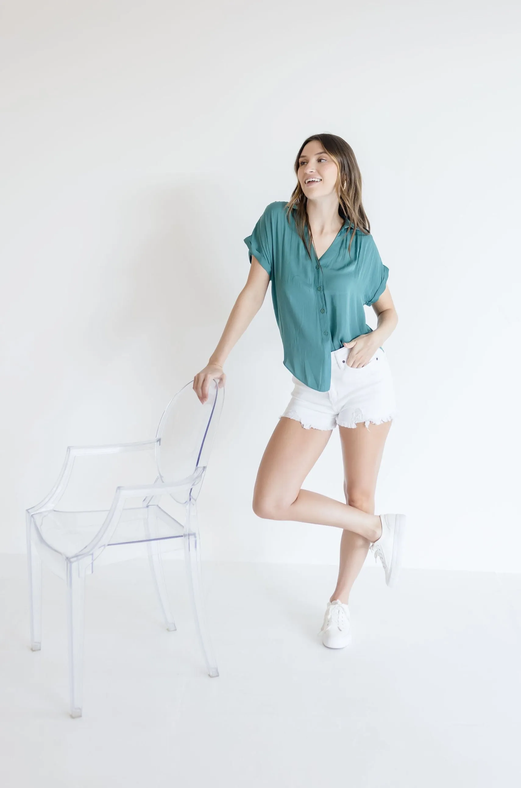 Callie Short Sleeve Button Down Top Teal