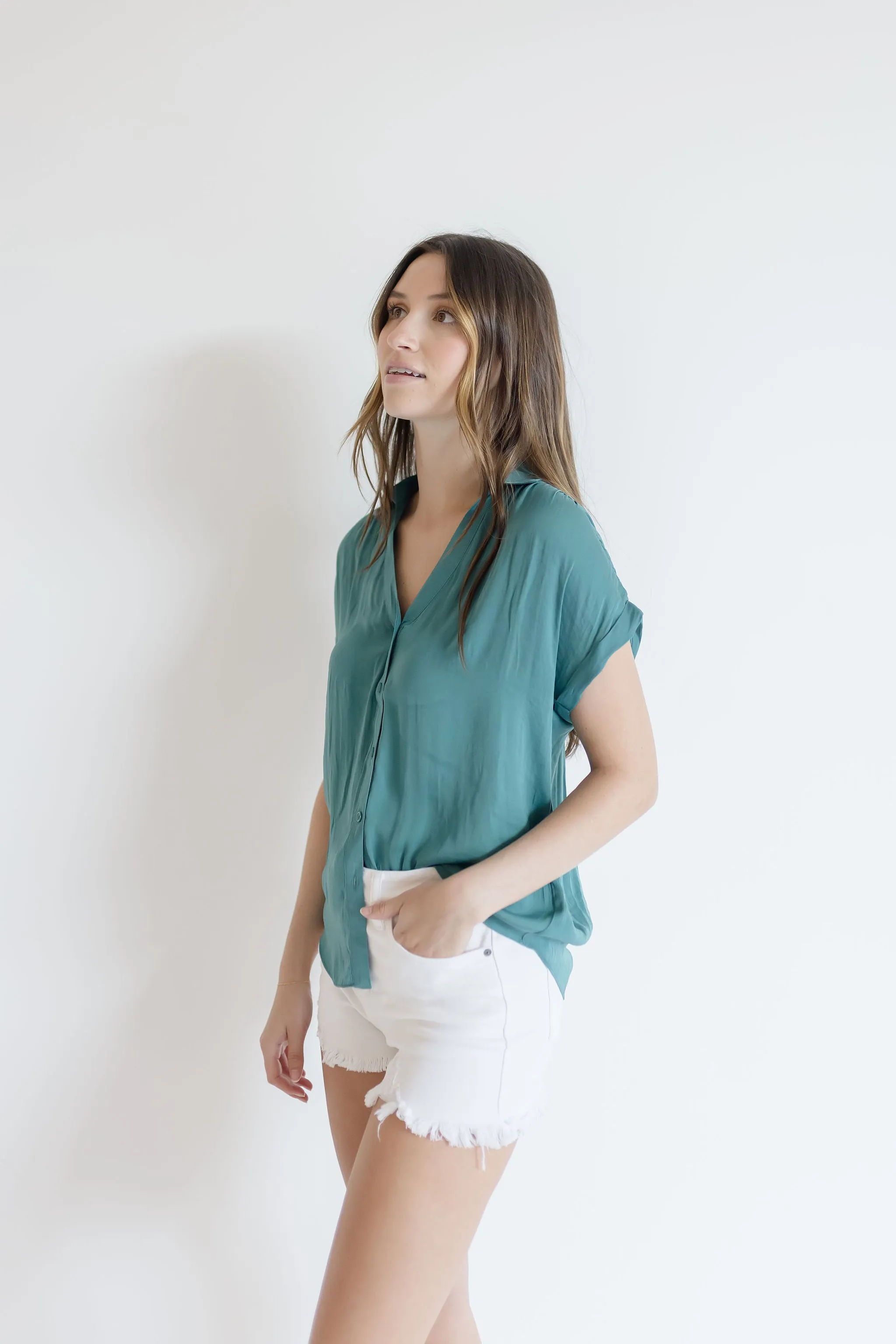 Callie Short Sleeve Button Down Top Teal