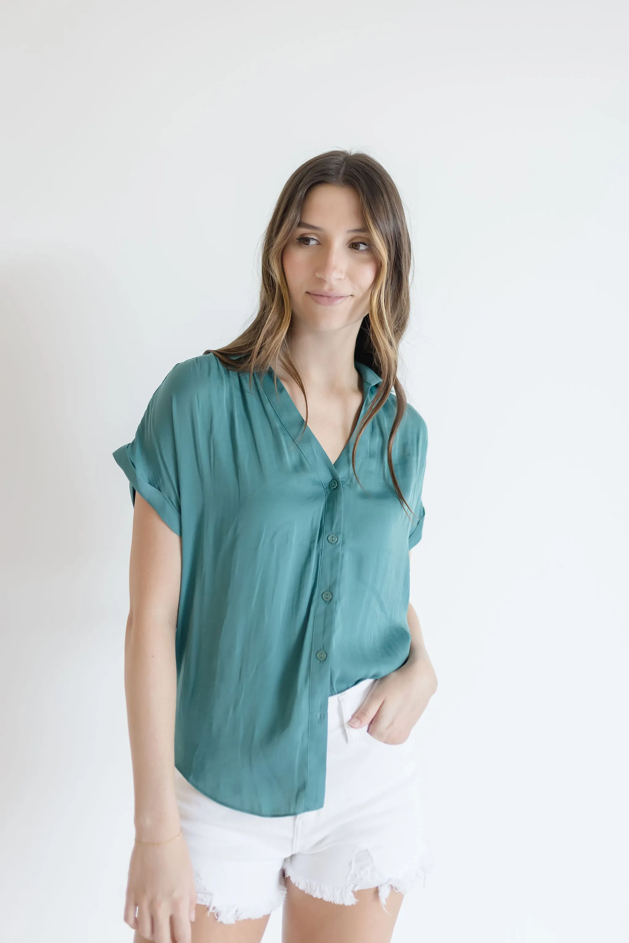 Callie Short Sleeve Button Down Top Teal