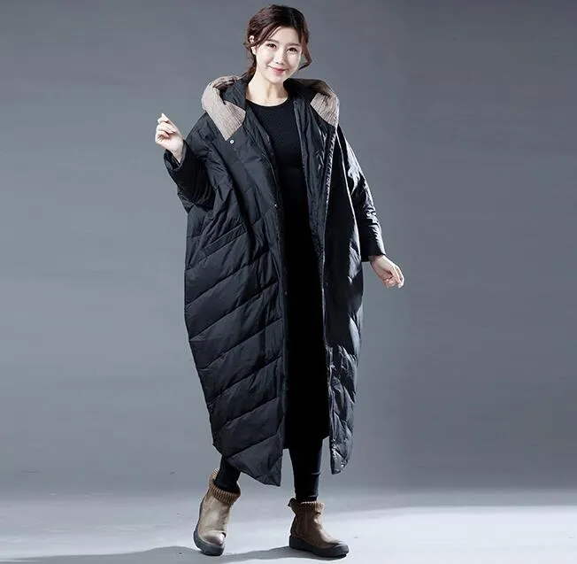 Color Block Long Women Winter Loose Duck Down Warm Women Jackets