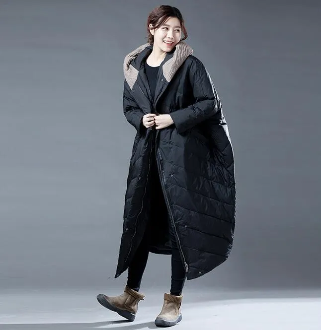 Color Block Long Women Winter Loose Duck Down Warm Women Jackets