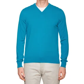 FEDELI Aqua Blue Cashmere V-Neck Sweater NEW