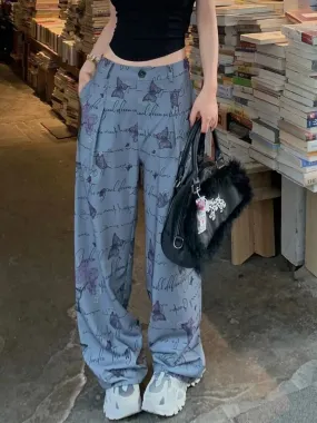 Girlary American retro chic print satin casual pants children's summer thin section of high-waisted thin drape feeling wide-legged pants