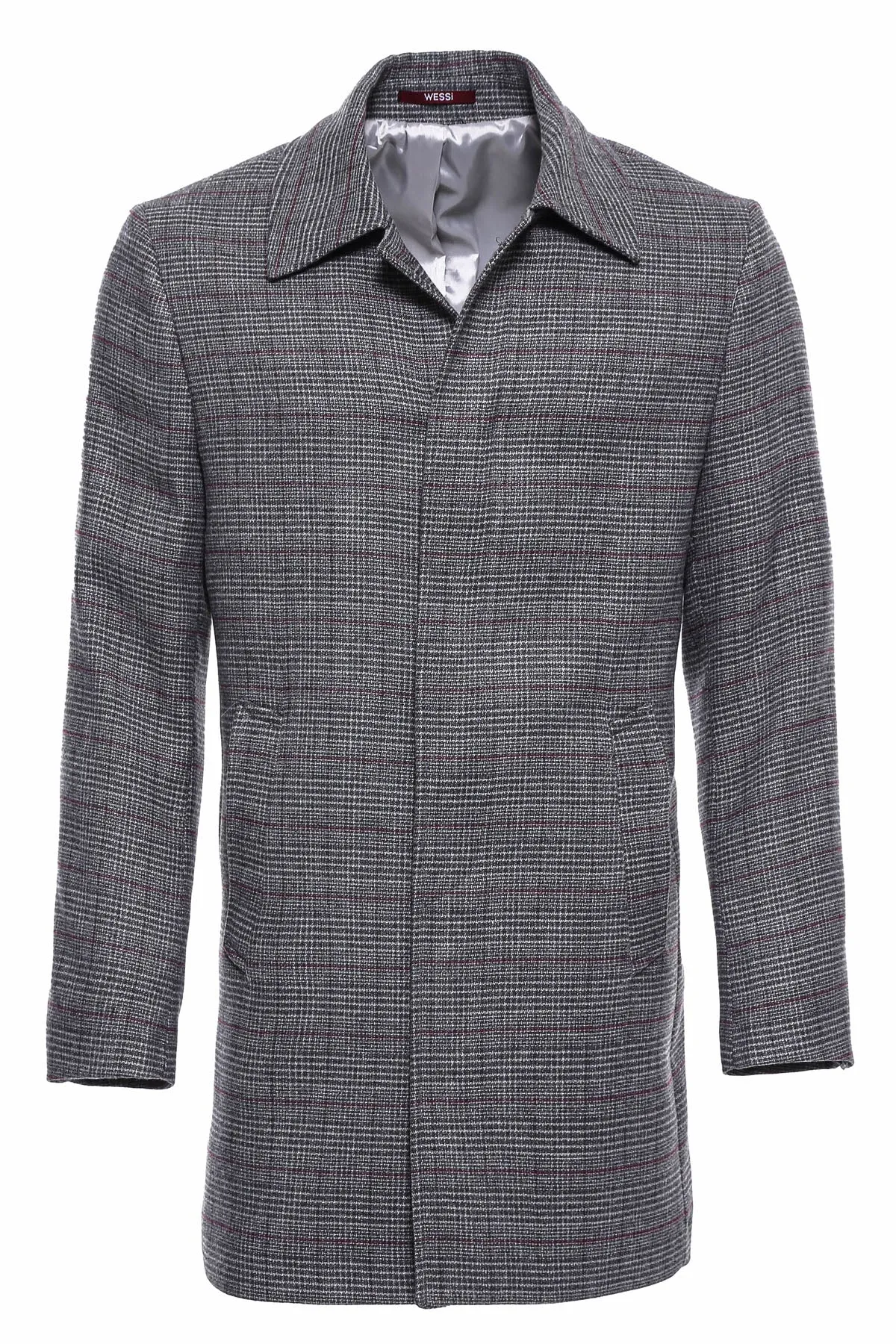 Grey Checked Hidden Button Peak Lapel Coat - Wessi