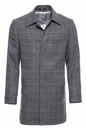 Grey Checked Hidden Button Peak Lapel Coat - Wessi