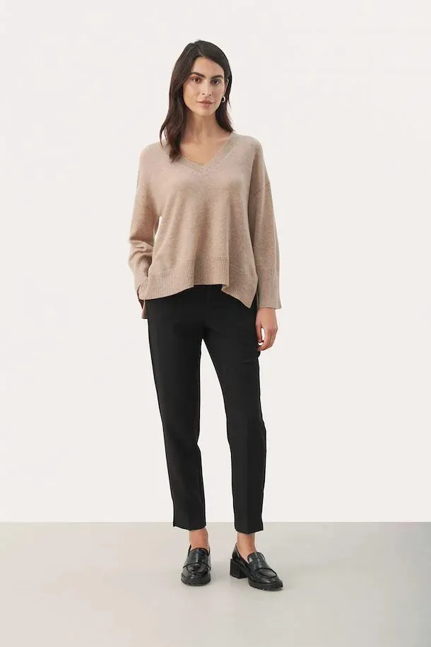 Hellin Light Camel Melange V Neck Cashmere Sweater