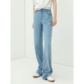 High Waist Draped Straight Leg Blue Jeans