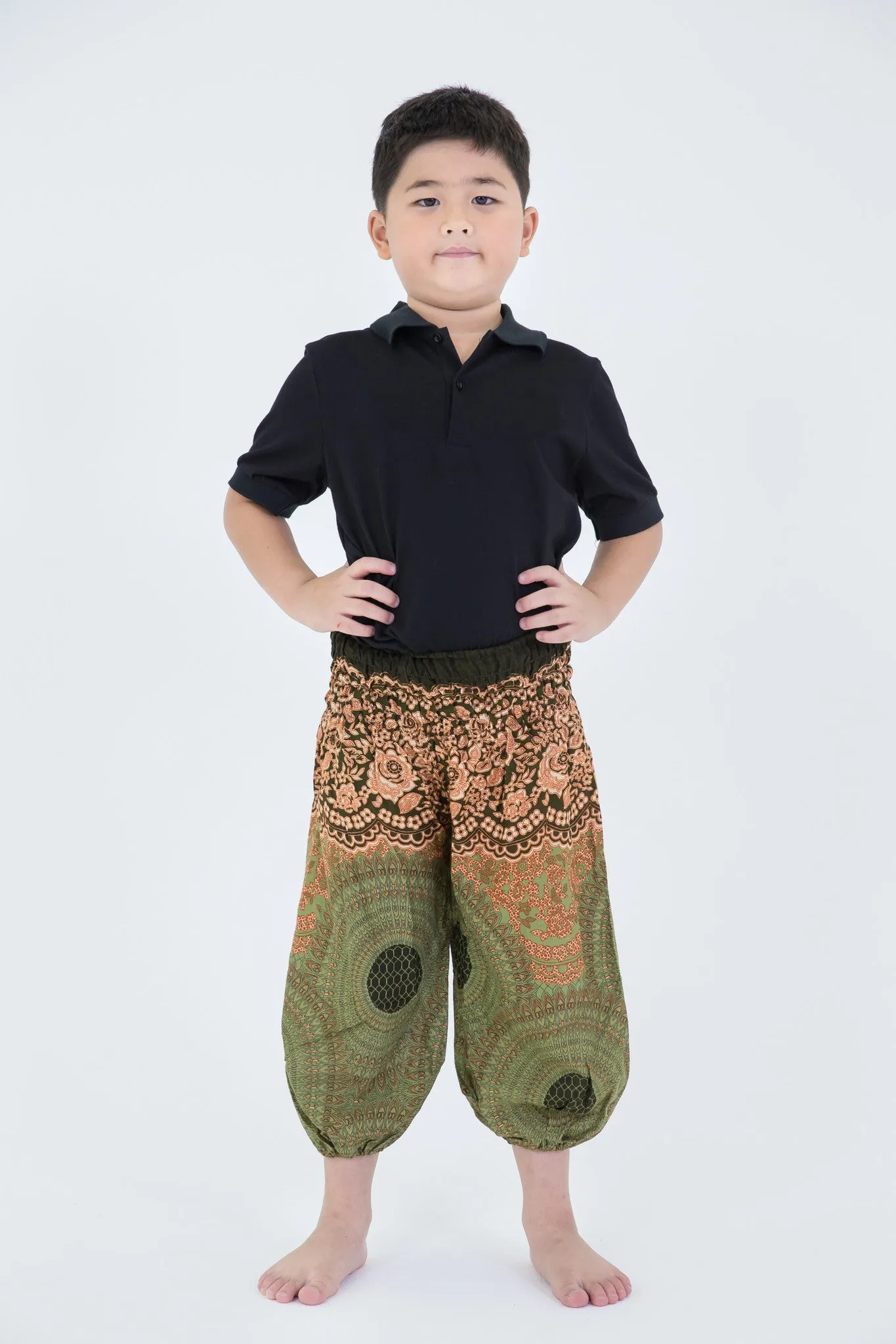 Kids Geometric Mandalas Harem Pants in Olive