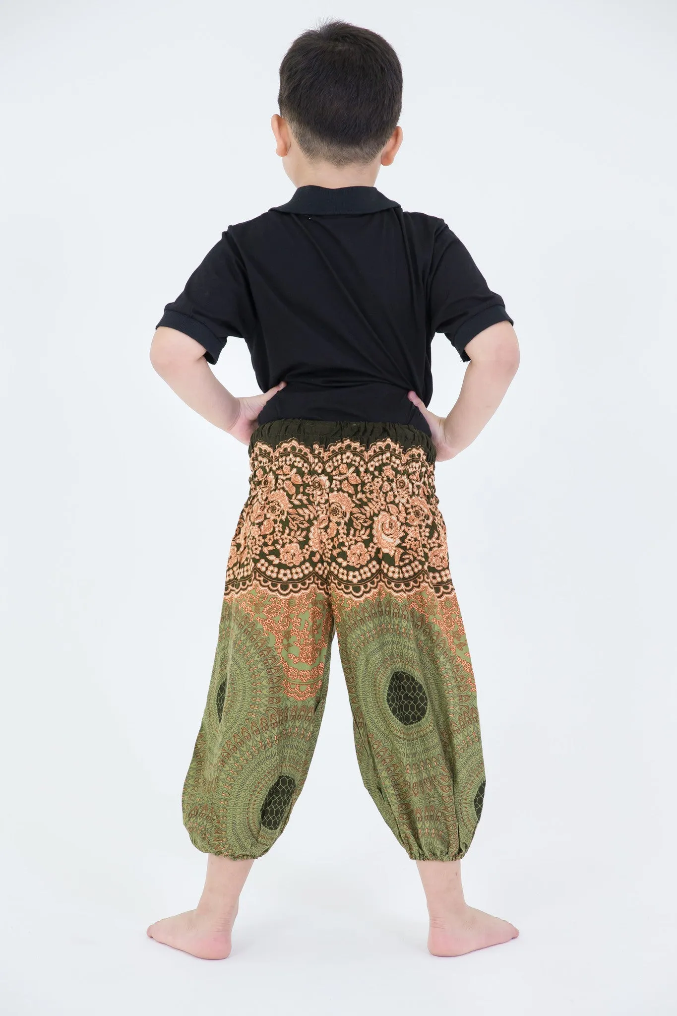 Kids Geometric Mandalas Harem Pants in Olive