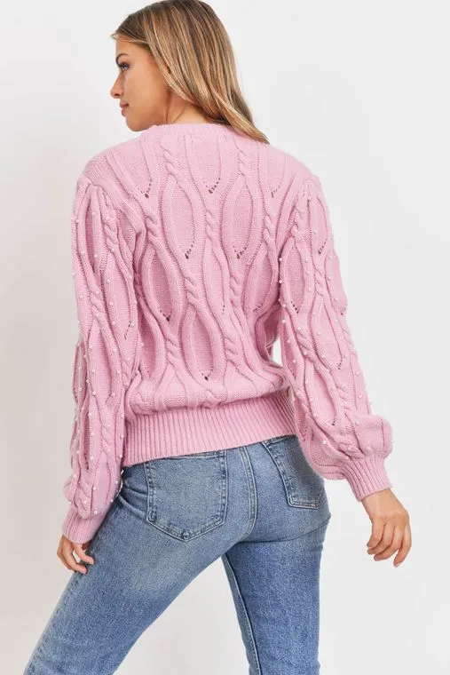 Mauve Pearl Embellished Cable Knit Sweater