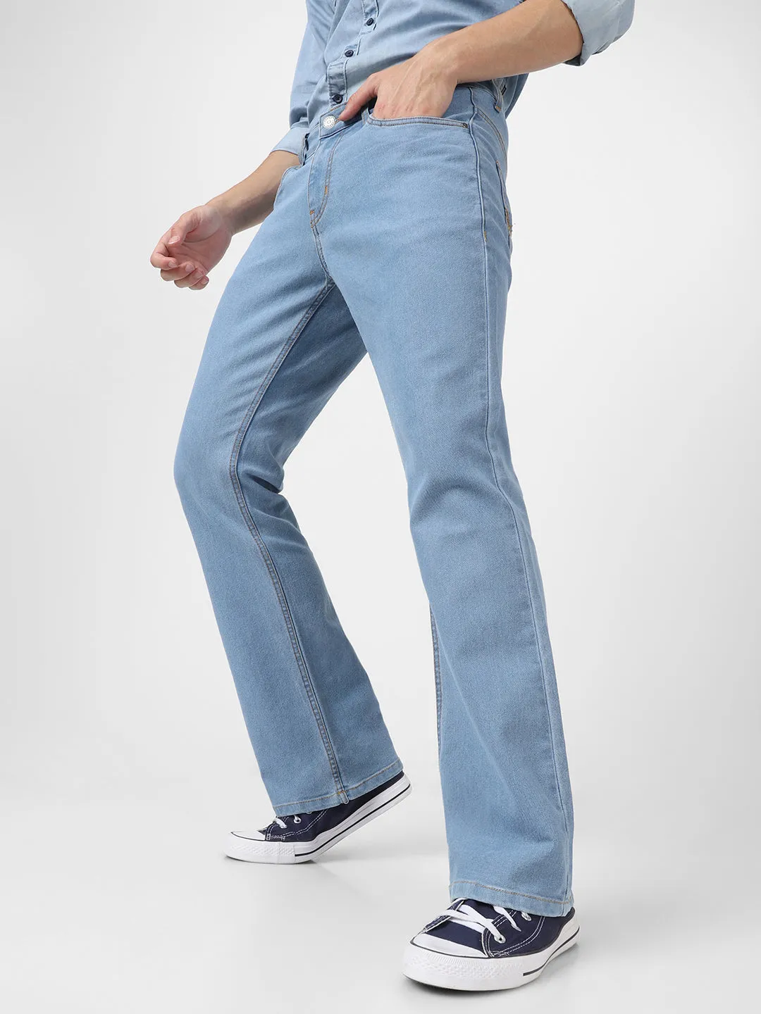 Men's Ice Blue Washed Bootcut Jeans Stretchable