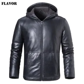 Men's Lambskin Leather Down Jacket with Hoodie