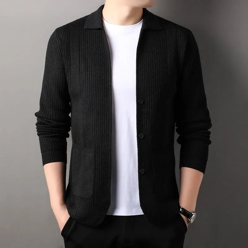 Pure Color Knitted Cardigan For Young Men Korean Style Sweater Lapel