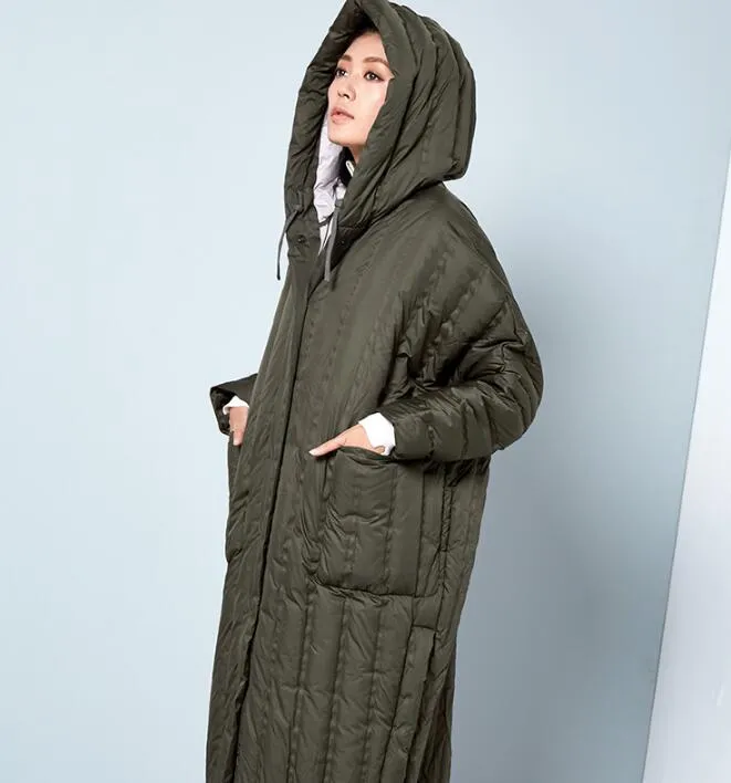 Slit Long Hooded Women Winter Loose Thick 90% Duck Down Jackets WarmDown Coat