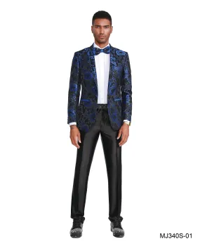 Tazio Royal Blue Paisley Floral Slim Fit Sports Coat Includes Bow Tie