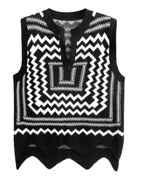 TEEK - Patterned Knitted V-Neck Sleeveless Sweater