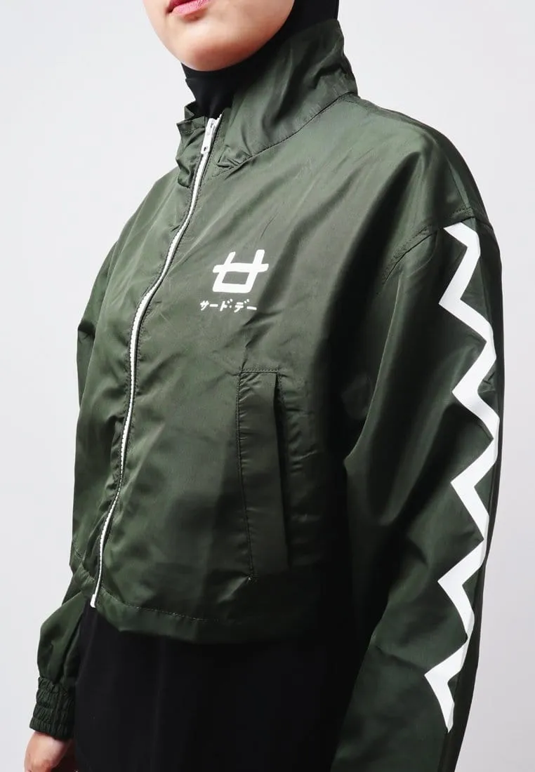 Third Day LO025 Jaket Sporty Parka Crop Wanita Parasit Zigzag Green Army Putih