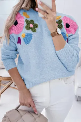 Whimsical Light Blue Knitted Flower Sweater